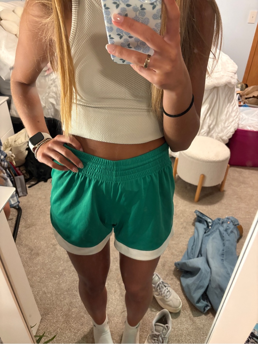 Women’s Athletic Drawstring Shorts in Green with White Trim